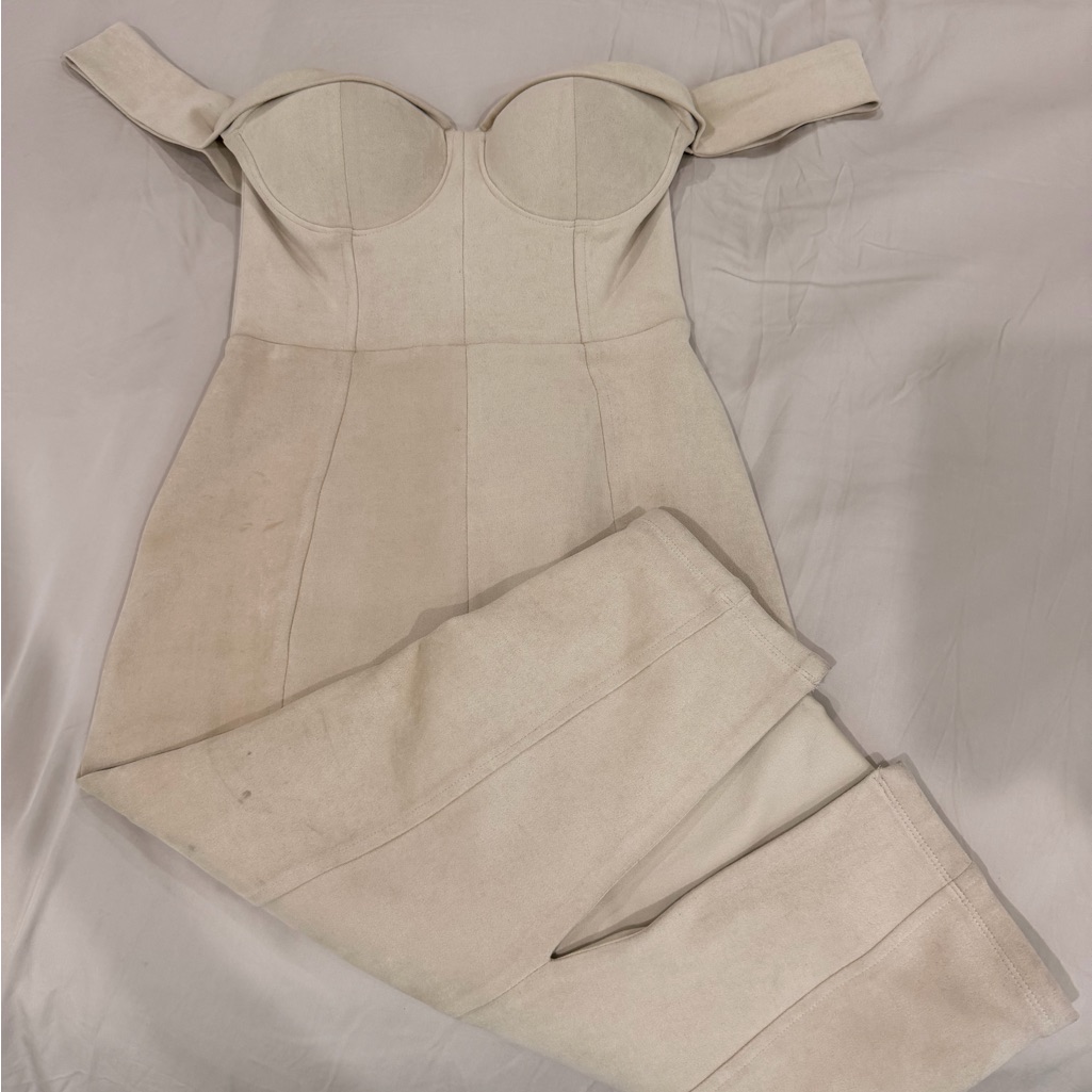 Elegant Cream Off-Shoulder Suede Feel Dress